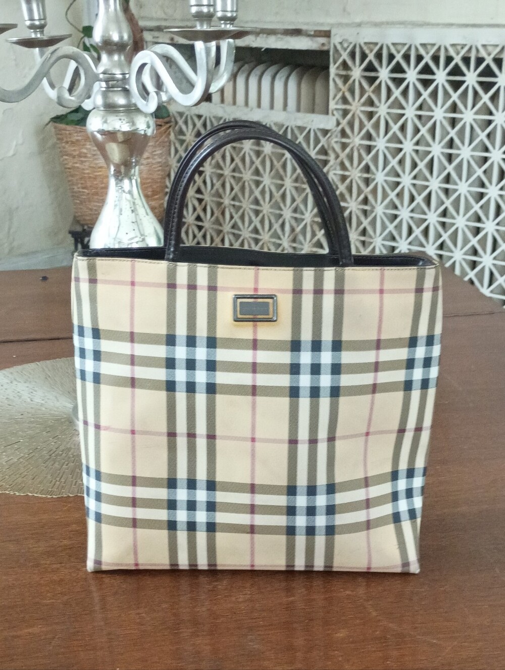 Burberry Beige Small Nova CheckTote with Dark Brown Handles - Picture 1 of 11